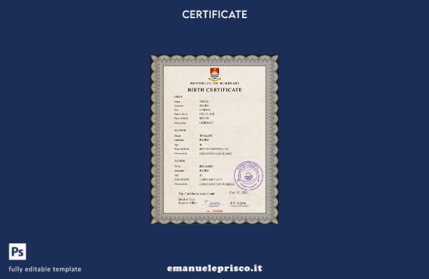 modello PSD del certificato di nascita del certificato di stato civile di Kiriba